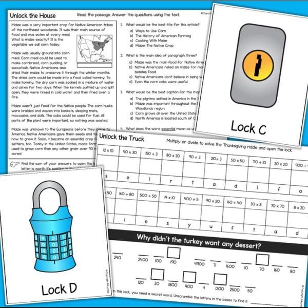 Thanksgiving Turkey Escape Room 4th Grade Reading & Math - Fishyrobb