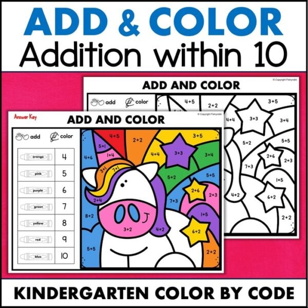 Color by Number Addition to 10 Kindergarten Math Worksheets - Fishyrobb