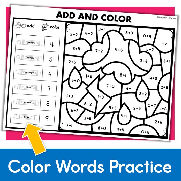 Color by Number Addition Kindergarten Math Worksheets - Fishyrobb
