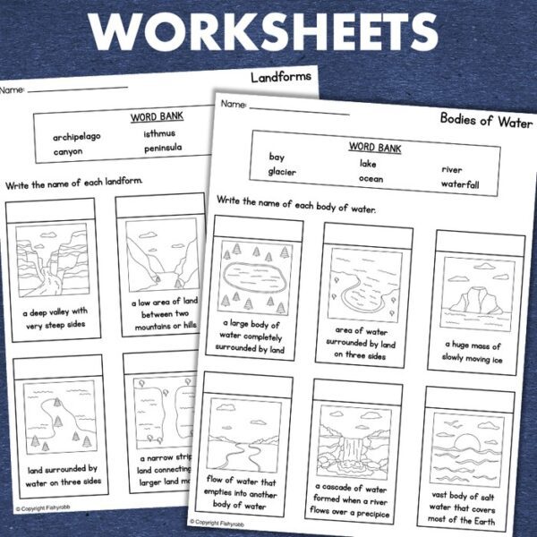 Landforms and Bodies of Water Geography Posters and Worksheets - Fishyrobb