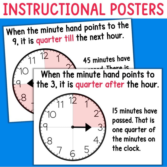 Telling Time to the Quarter Hour Worksheets Posters and Matching Activity