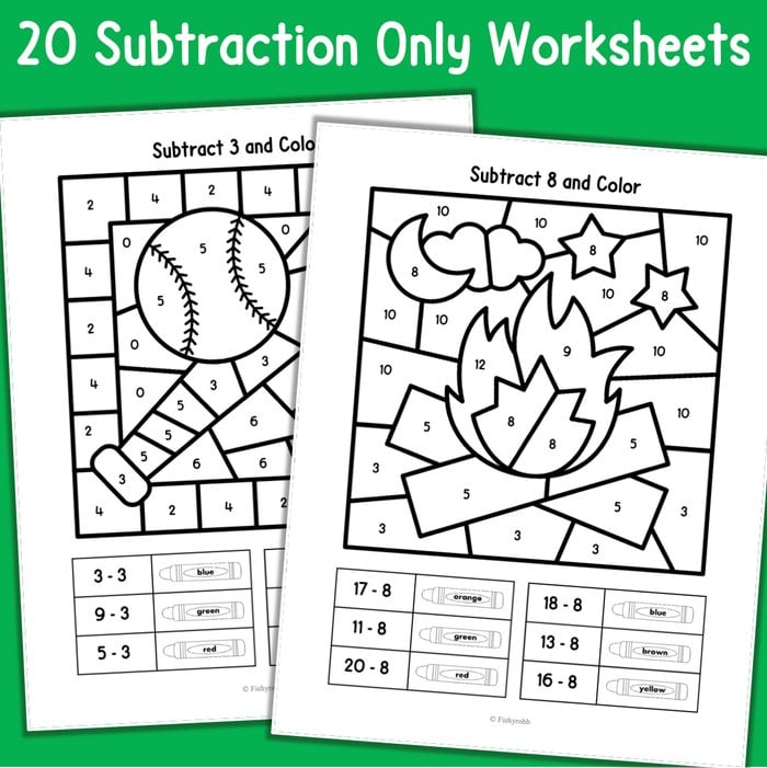 Color by Number Addition and Subtraction to 20 Worksheets Grade 1