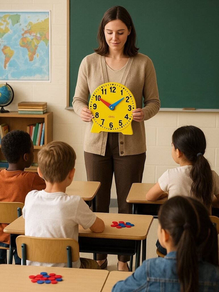 teacher holding judy clock to play classroom bingo and teach telling time
