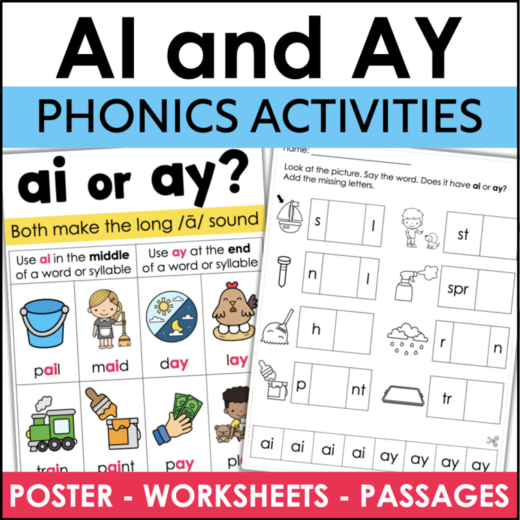 AI and AY phonics activities poster and worksheets for long A sound practice – 164a1836 17214773