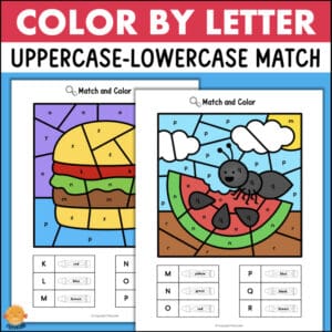 Color-by-letter worksheets for uppercase-lowercase matching: left shows a colorful burger illustration; right shows an ant on a watermelon with a sky scene and color-key boxes.