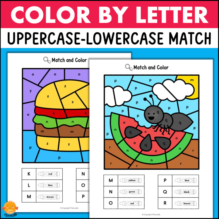 Color-by-letter worksheets for uppercase-lowercase matching: left shows a colorful burger illustration; right shows an ant on a watermelon with a sky scene and color-key boxes.