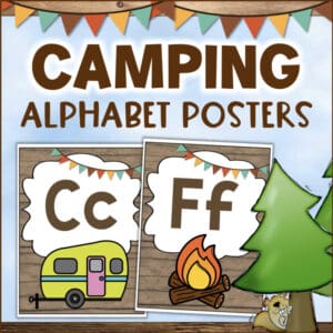 Camping alphabet posters Cc and Ff with camper and campfire, 220a2424 large classroom decor set 3248796