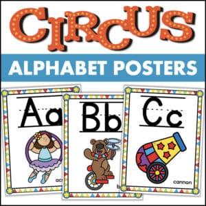 Circus alphabet posters set 3bb56e80 featuring Aa acrobat, Bb bear, Cc cannon for elementary classrooms