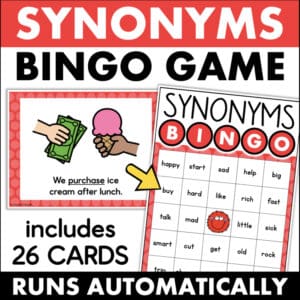 Synonyms Bingo Game with 26 cards for elementary intervention – purchase activity 12903069