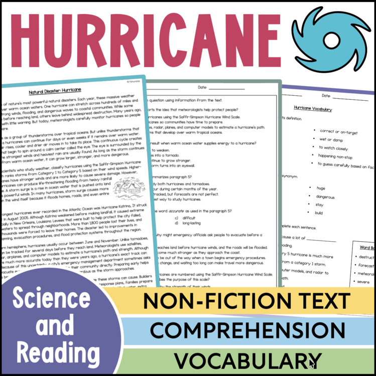 Hurricane non-fiction text comprehension vocabulary worksheet for elementary science and reading intervention 16984392