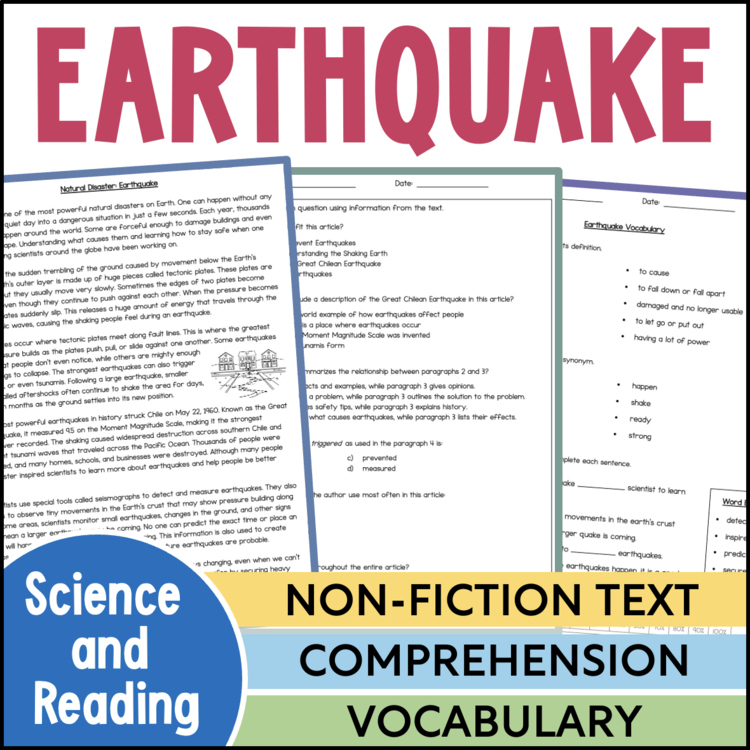 Earthquake non-fiction reading comprehension and vocabulary worksheets for elementary science 16960485