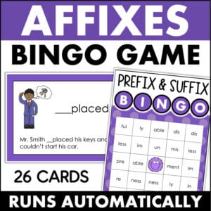 Affixes Bingo Game with prefix and suffix cards 17105209 for elementary intervention classrooms