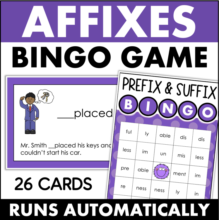 Affixes Bingo Game with prefix and suffix cards 17105209 for elementary intervention classrooms