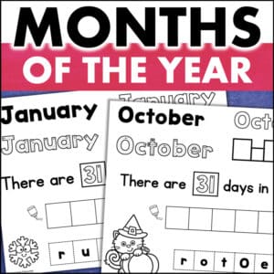 Months of the Year worksheets showing January and October pages with tracing, days, and letter tiles activity 12084055