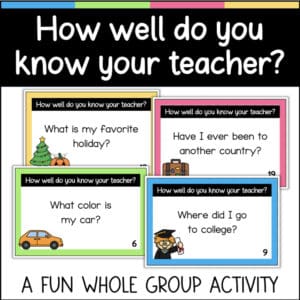 Poster for 'How well do you know your teacher?' with four colorful question cards for a class activity.