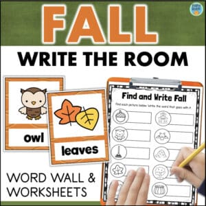 Fall Write the Room word wall and worksheets with owl and leaves cards for elementary intervention 1003468