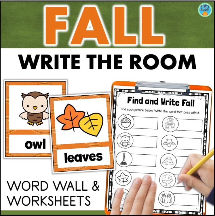 Fall Write the Room word wall and worksheets with owl and leaves cards for elementary intervention 1003468