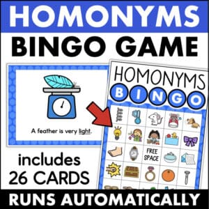 Homonyms Bingo Game with 26 cards for elementary intervention, large classroom activity a98be1ce
