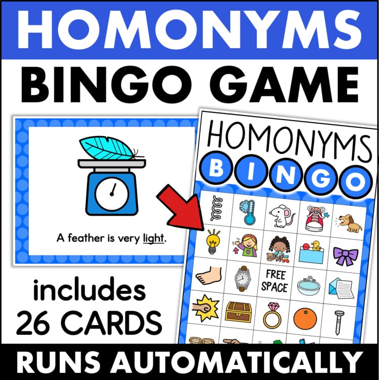 Homonyms Bingo Game with 26 cards for elementary intervention, large classroom activity a98be1ce