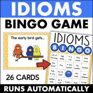 Idioms Bingo Game with 26 cards for elementary intervention, featuring early bird idiom activity a9c1c5b0