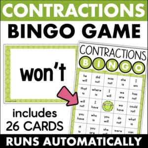 Contractions Bingo Game with 26 cards featuring won't and expanded word pairs for elementary intervention