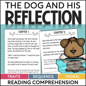 Reading-comprehension resource cover: two illustrated story pages (Chapter 1 and 5), a cartoon dog, and colored bars labeled Traits, Sequence, Moral.