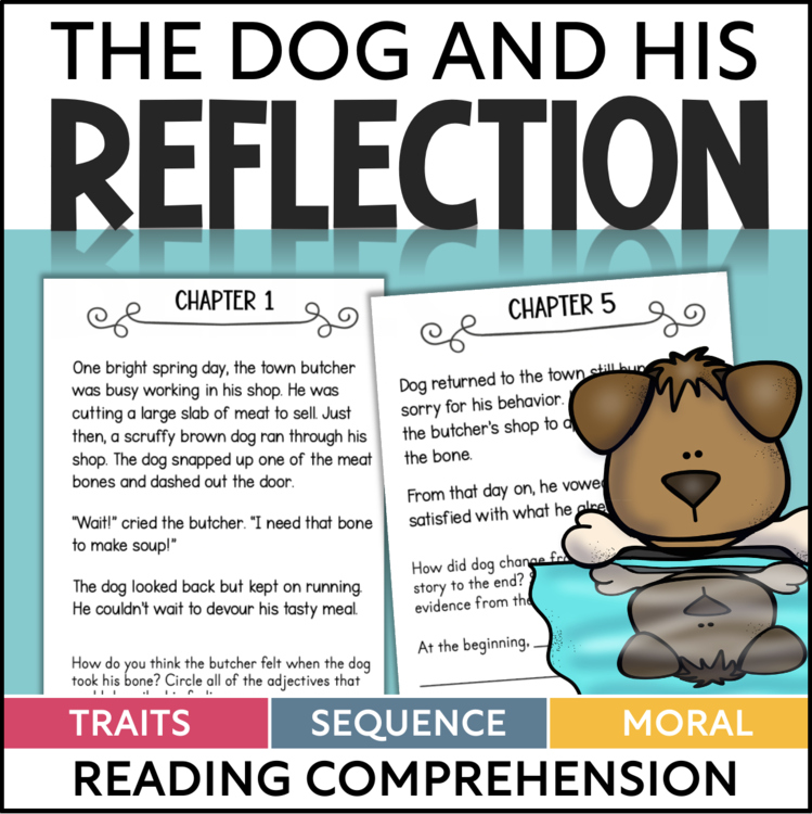Reading-comprehension resource cover: two illustrated story pages (Chapter 1 and 5), a cartoon dog, and colored bars labeled Traits, Sequence, Moral.