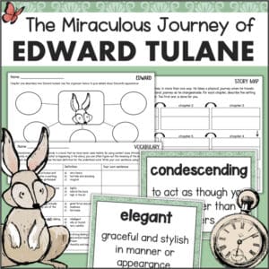 The Miraculous Journey of Edward Tulane teaching unit with vocabulary cards, story map, and graphic organizers
