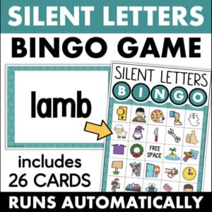 Silent Letters Bingo Game: a word card showing 'lamb' beside a 26-card bingo grid that runs automatically and teaches silent letters.