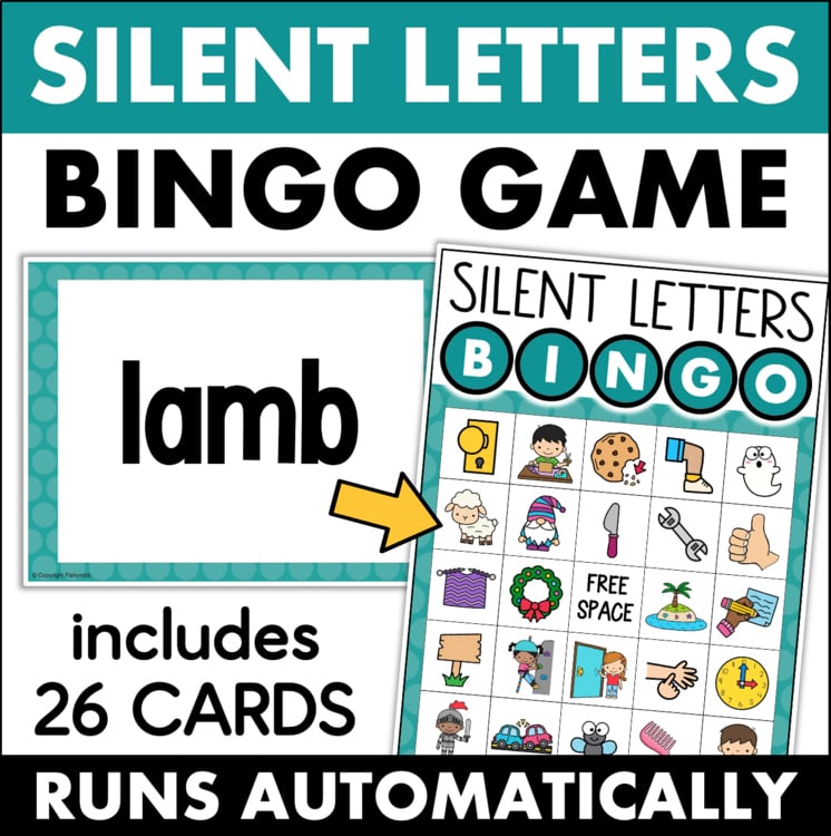 Silent Letters Bingo Game: a word card showing 'lamb' beside a 26-card bingo grid that runs automatically and teaches silent letters.