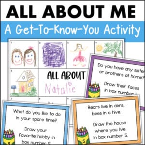 All About Me get-to-know-you activity worksheets for elementary students – large colorful drawing cards 1275078