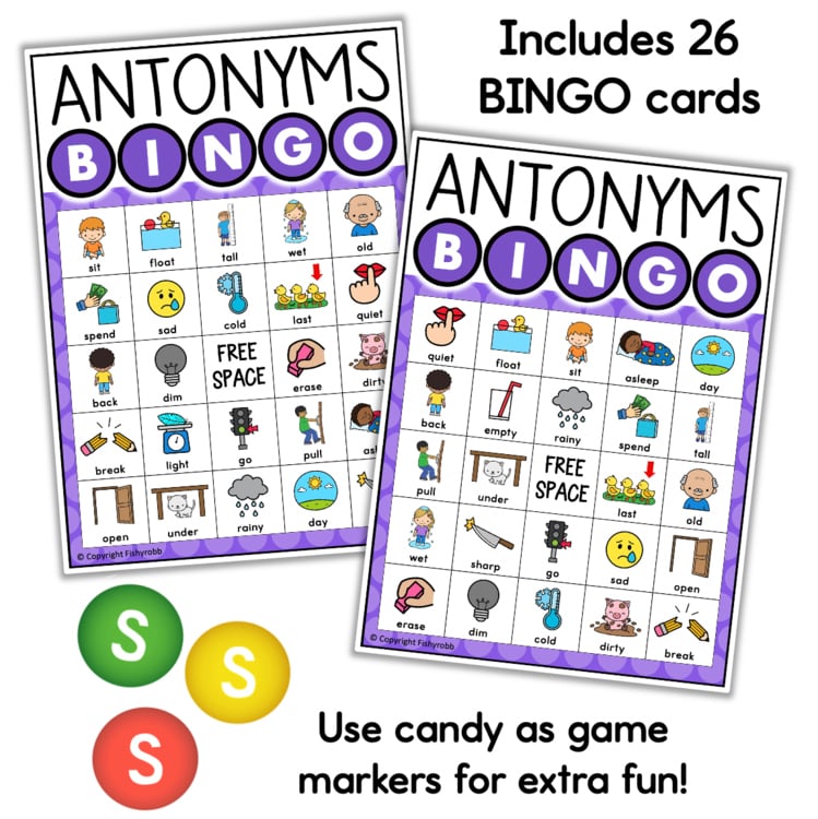 Antonyms Bingo cards 12886881 with pictures for elementary intervention vocabulary practice