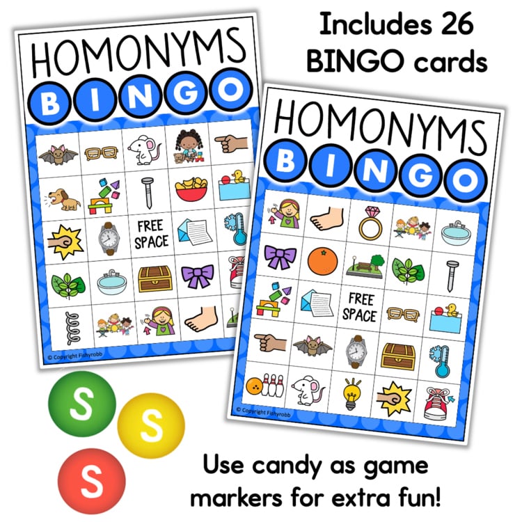 Homonyms Bingo game cards 12882610 with colorful picture illustrations and free space for elementary students