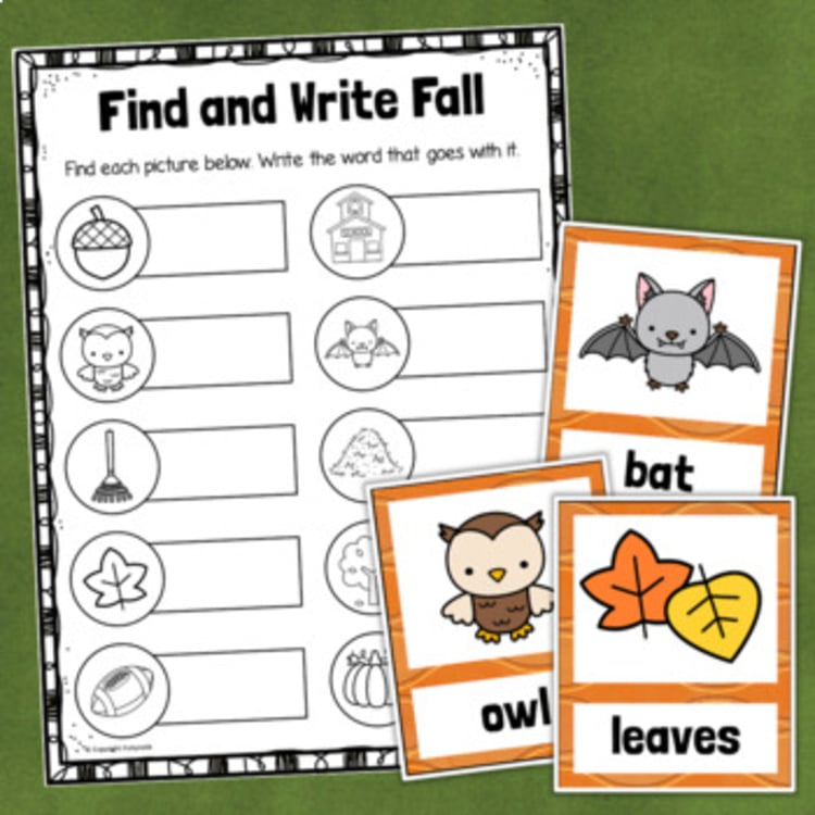 Find and Write Fall worksheet 1003468 with bat, owl, and leaves vocabulary cards for elementary intervention