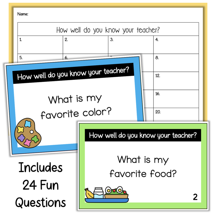 How Well Do You Know Your Teacher activity with 24 fun questions cards and student recording sheet 11611609