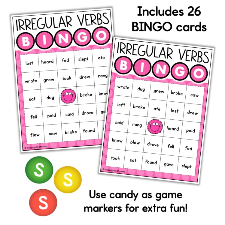Irregular verbs bingo cards set of 26 with pink design and candy markers for elementary intervention
