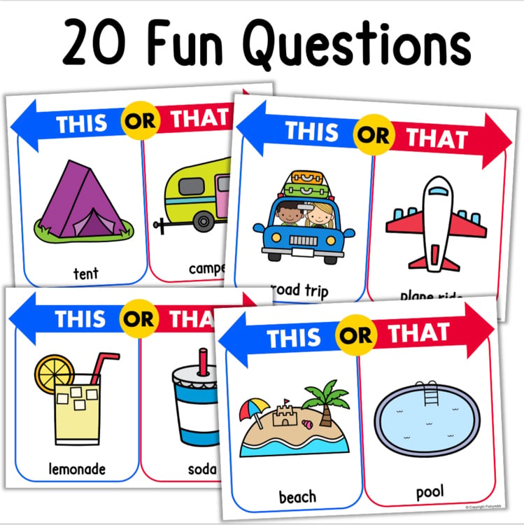 20 Fun This or That Questions cards 671f55d4 for kids featuring camping, travel, drinks, and beach themes