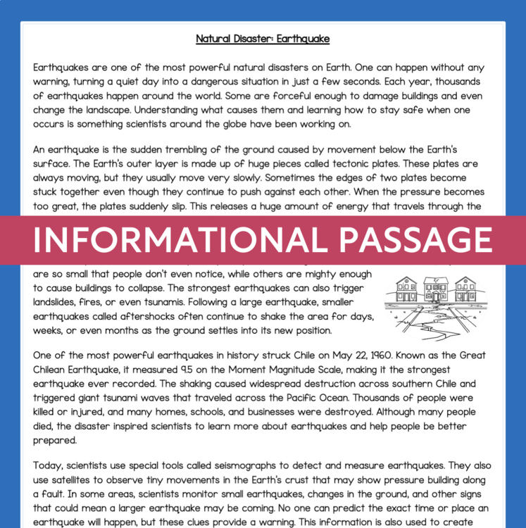 Informational passage 16960485 about natural disaster earthquakes for elementary intervention reading