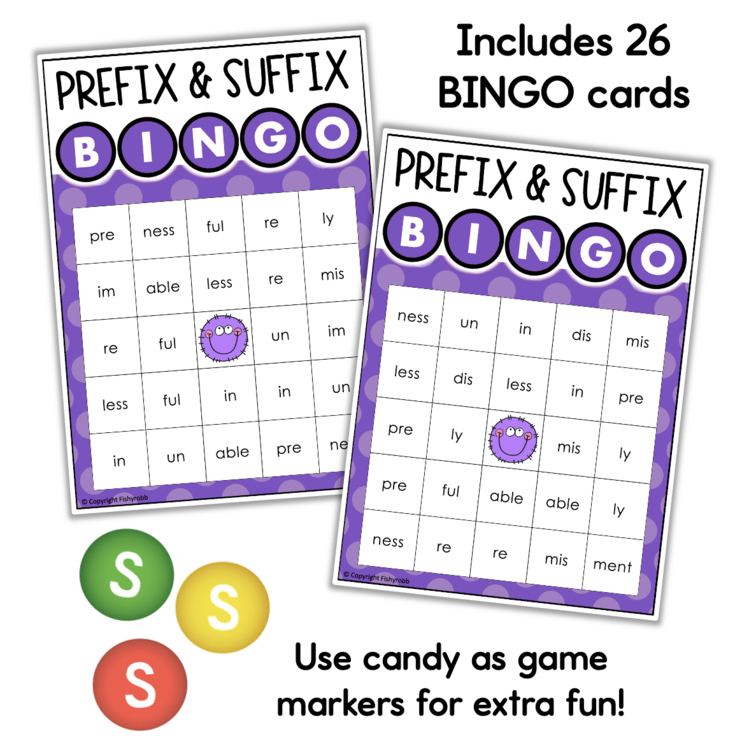 Prefix and Suffix Bingo game cards 17105209 with 26 purple cards for elementary intervention classrooms