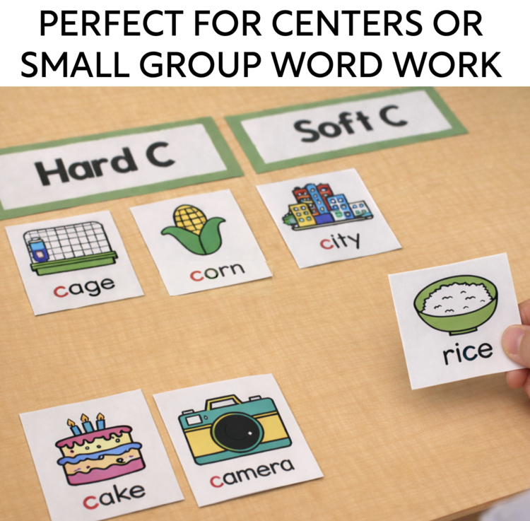 Hard C and Soft C word sorting cards for centers or small group word work - 330208 literacy activity