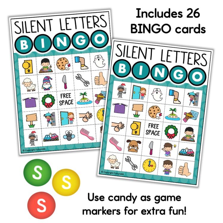 Silent Letters Bingo game cards 963271fd with 26 unique boards and candy markers for elementary literacy fun