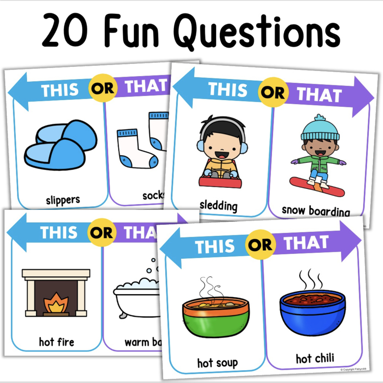 20 Fun This or That questions cards for kids featuring slippers, sledding, hot soup and more – a75c390c