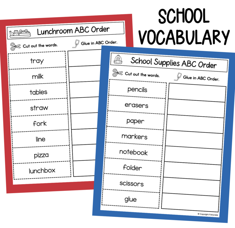 School vocabulary ABC order worksheets for lunchroom and school supplies – large printable activity 12026331
