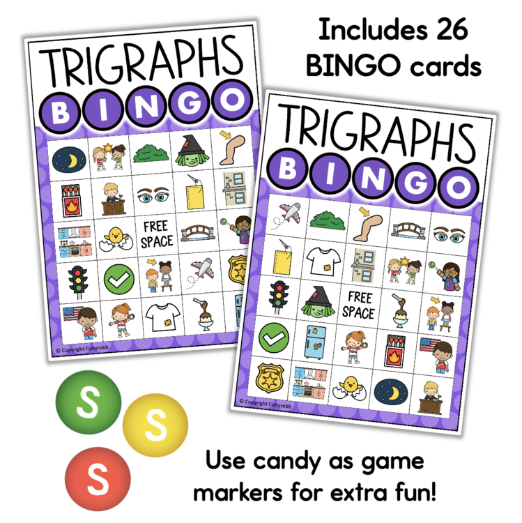 Trigraphs Bingo game cards 12966487 with colorful pictures and free space for elementary phonics practice