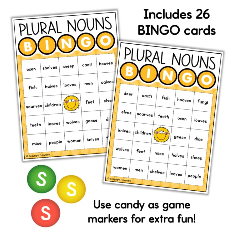 Plural Nouns Bingo game cards f46c342d featuring irregular plurals like oxen, sheep, and cacti for elementary intervention