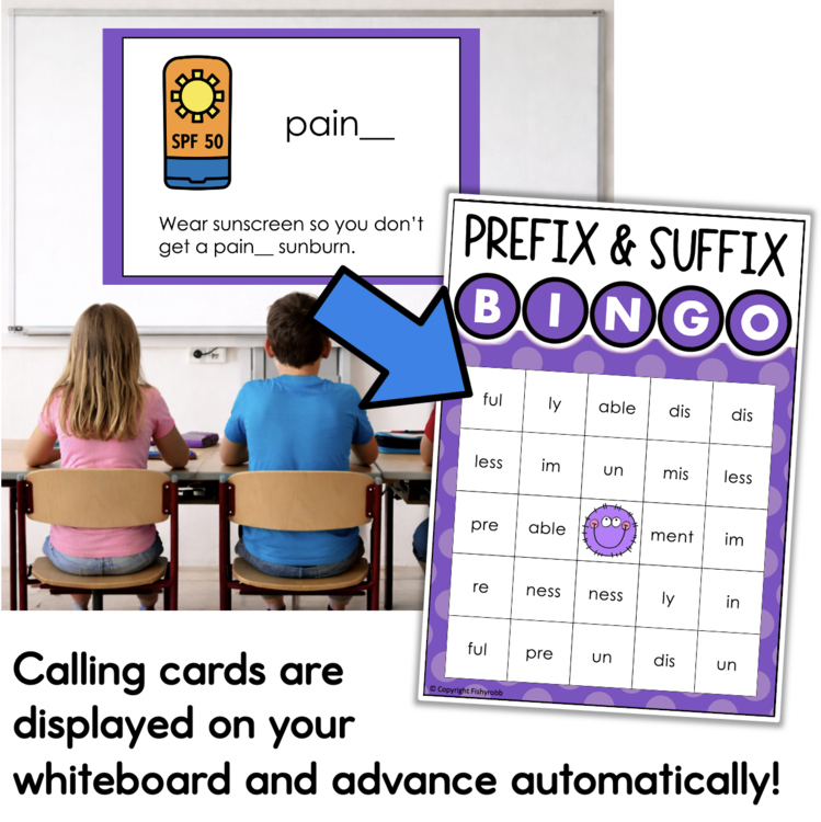 Classroom scene with two students at desks; a whiteboard displays a sunscreen slide, and a purple Prefix & Suffix Bingo card overlaps the scene.
