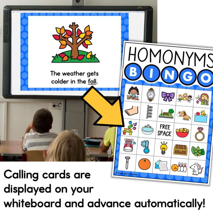 Classroom scene with a digital whiteboard showing a weather illustration, and a large Overlaid 'Homonyms Bingo' card suggesting automated calling of cards.