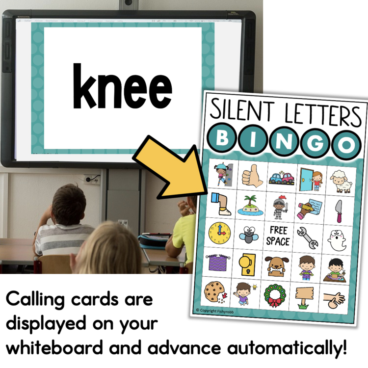 Silent Letters Bingo game with large whiteboard calling cards advancing automatically for elementary intervention classrooms