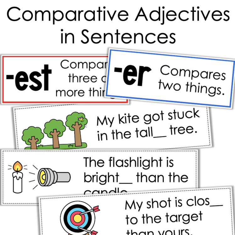 Educational poster titled 'Comparative Adjectives in Sentences' showing example affixes '-est' and '-er' with sample sentences and illustrations.