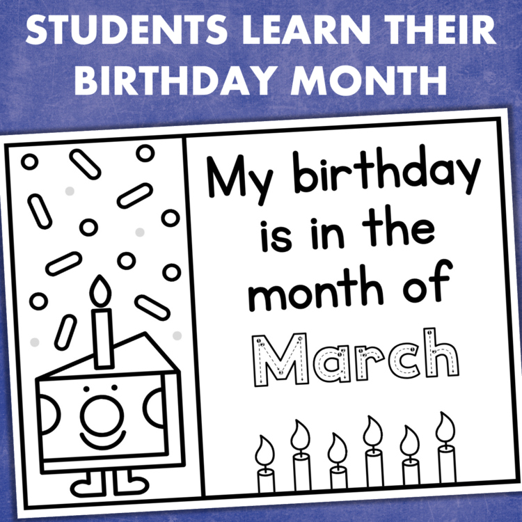 Educational poster: 'My birthday is in the month of March' with a birthday cake, candles, and confetti for teaching birthday months